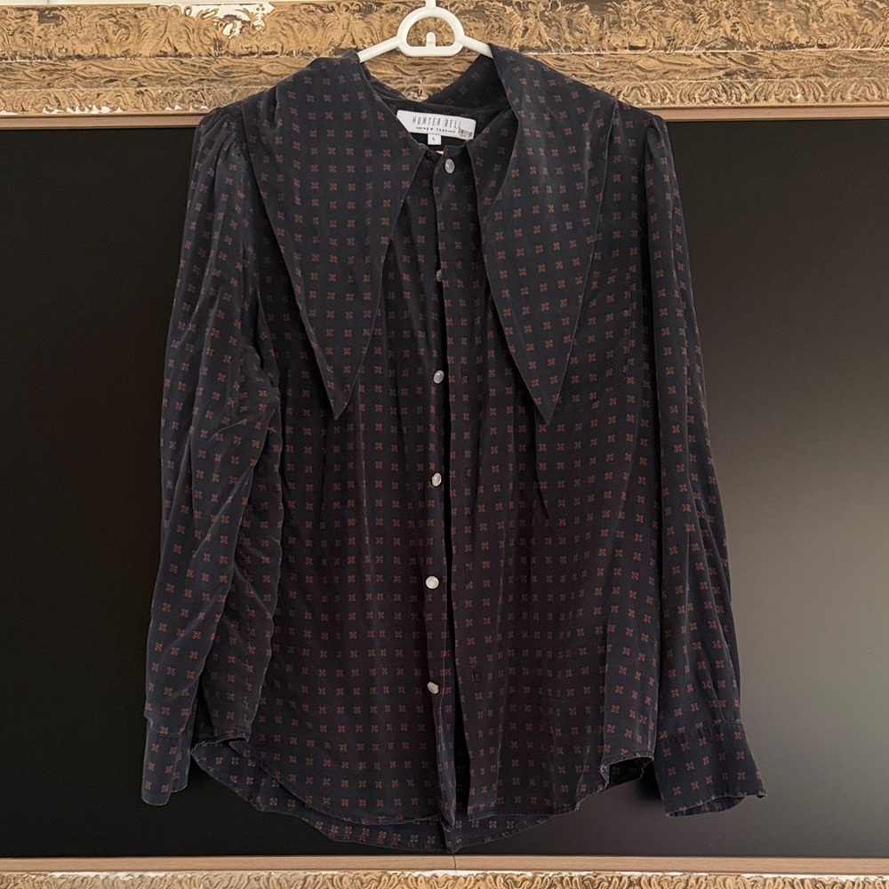 HUNTER BELL Black Button-Down Top with Red Micro Print